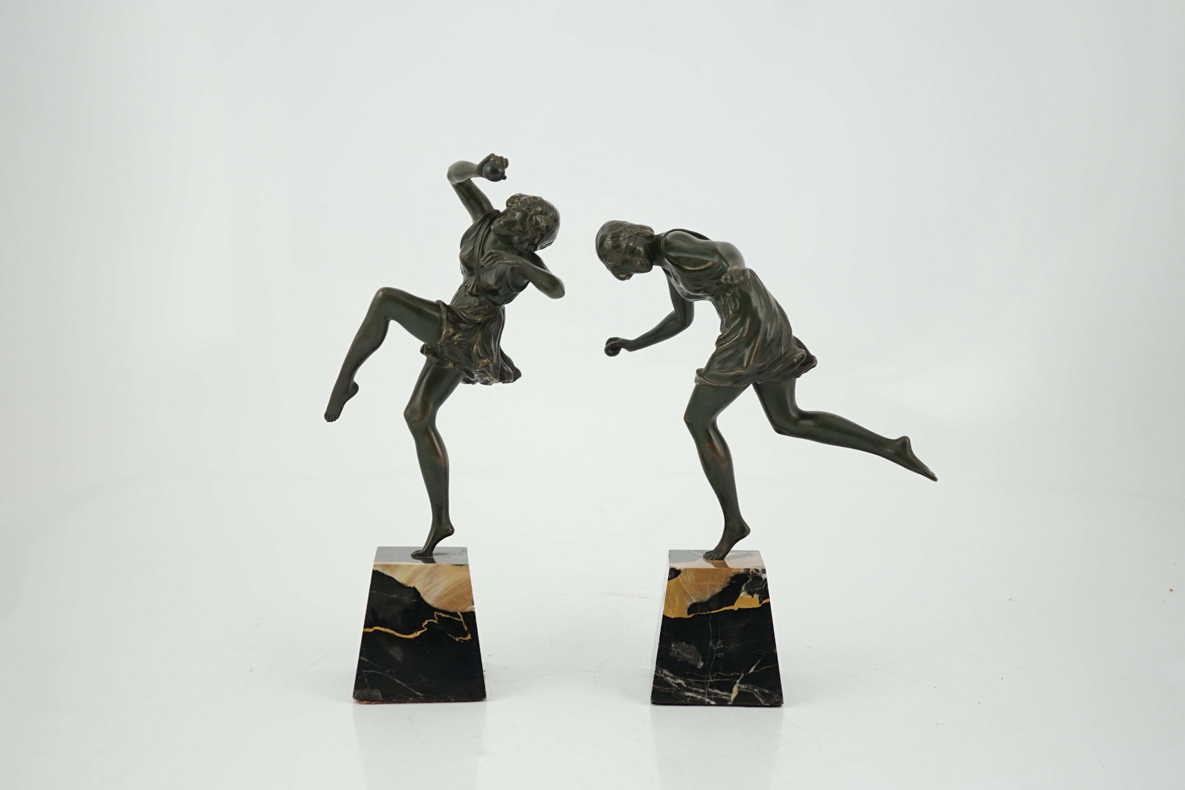 Pierre Camille Marie Le Faguays (1892–1962), a pair of bronze Art Deco figures of classical dancers, 29cm and 25cm high